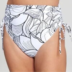 CALIA Ruched Side Tie High Rise Bikini Bottom Pure White Multi Black Size S NWT